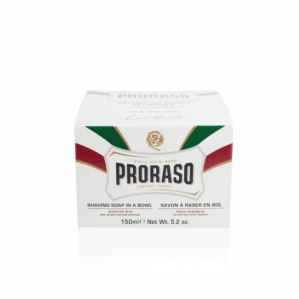 Proraso Rasierseife für empfindliche Haut mit grünem Tee und Hafer, in weißer Schale.