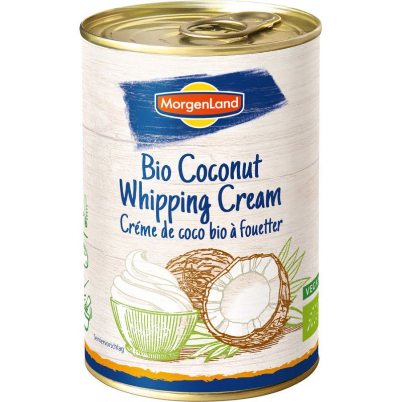 Dose MorgenLand Bio Kokos-Schlagsahne. Aufschrift: Bio Coconut Whipping Cream. Illustrationen von Kokosnuss und Sahne.