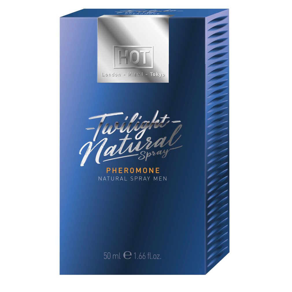 Blaue Schachtel. Aufschrift: Twilight Natural Spray Pheromone. Marke: HOT. 50 ml.