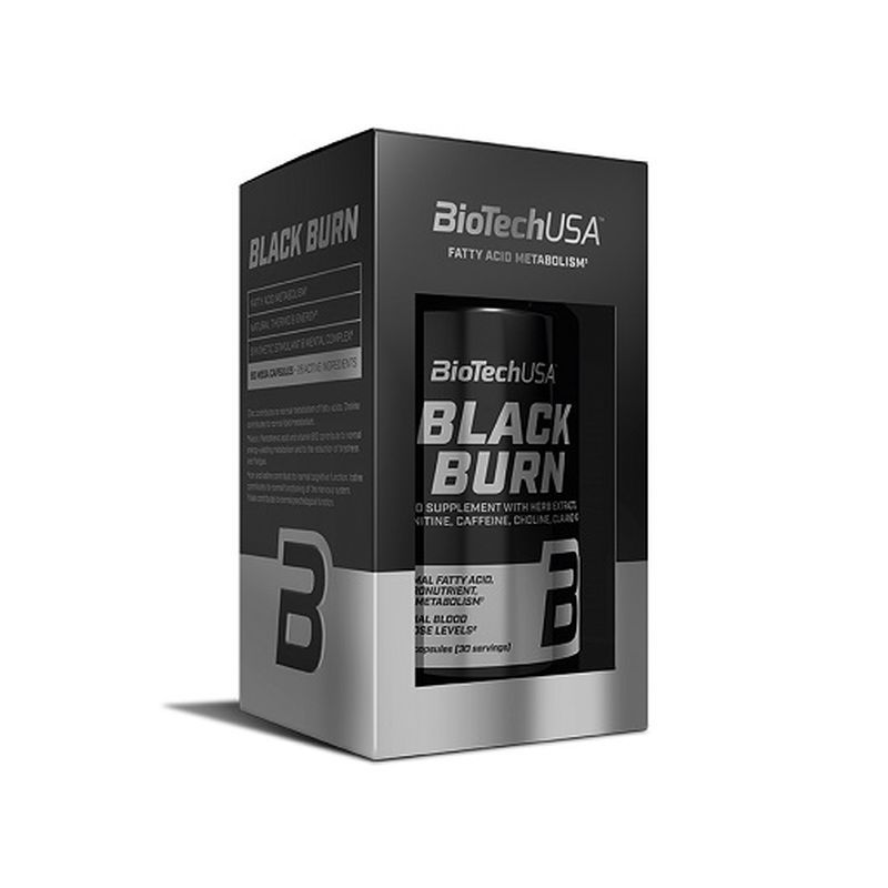 Schwarze Verpackung mit "BLACK BURN"-Schriftzug. Enthält eine Dose mit dem gleichen Namen. Marke: BioTechUSA.