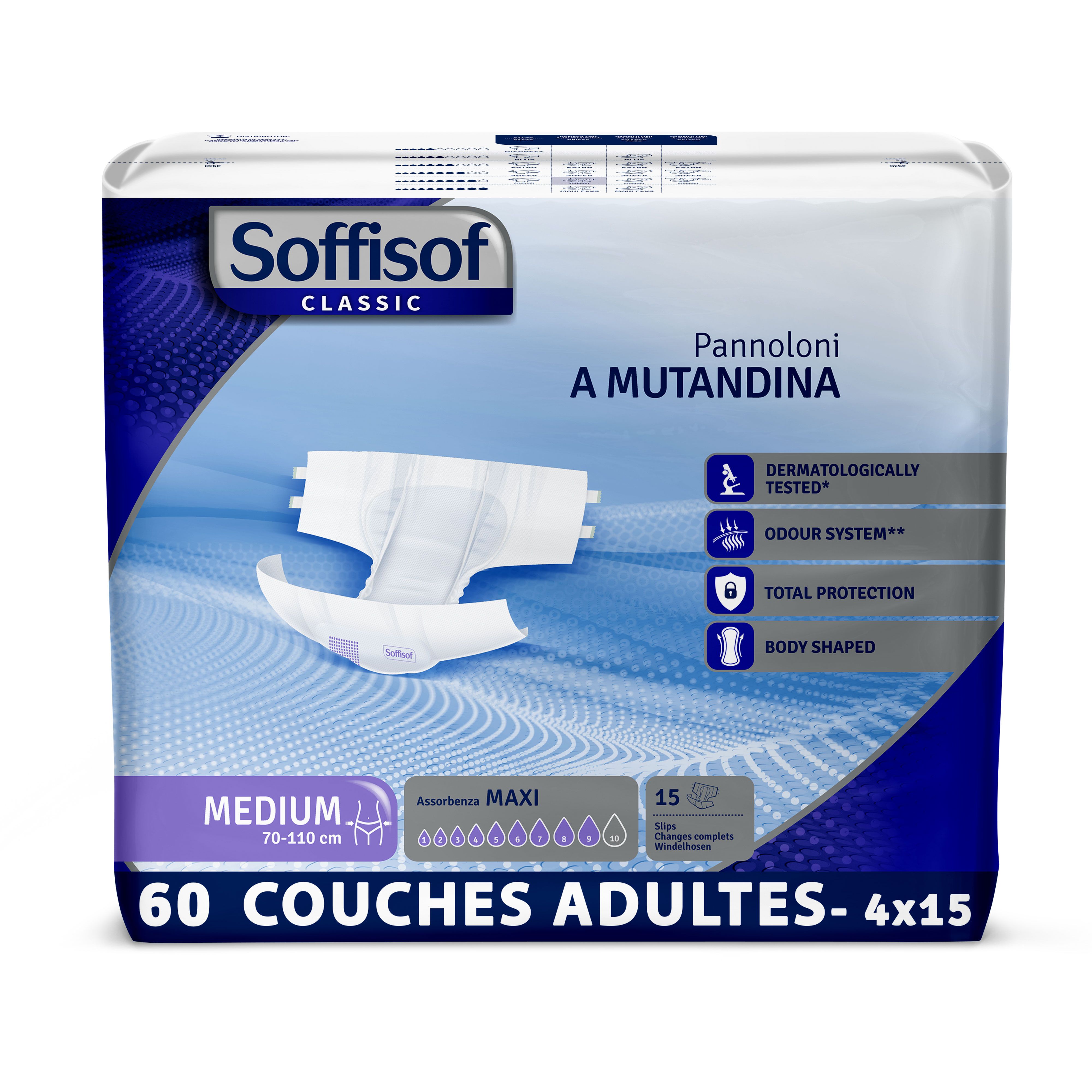 Soffisof Classic Maxi couches adultes. Medium, 70-110 cm. 60 pièces. Testé dermatologiquement, système anti-odeurs, protection totale, forme.