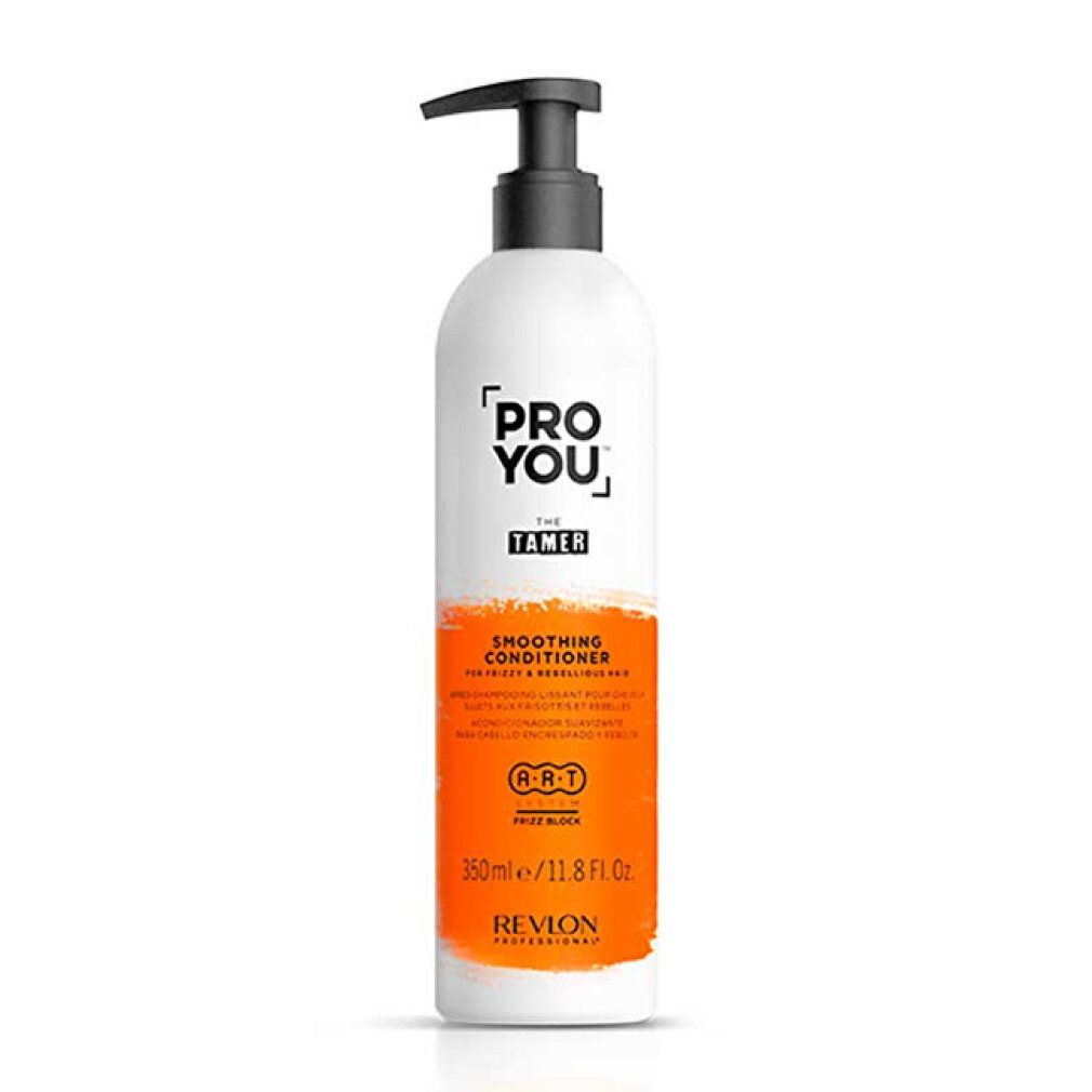 Weiße Flasche mit schwarzem Pumpkopf. Orangefarbener Bereich mit Text. Aufschrift: PRO YOU, THE TAMER, Smoothing Conditioner.