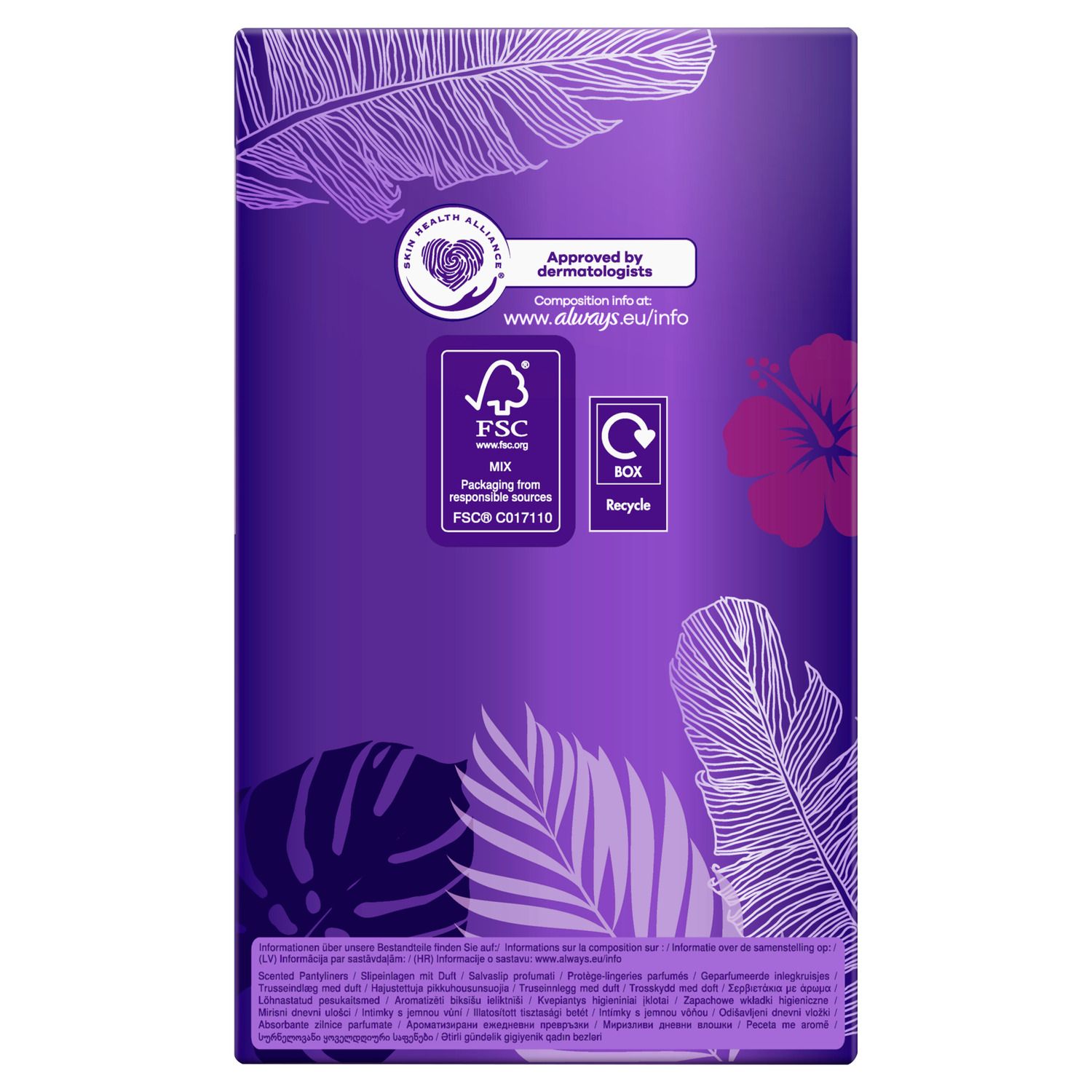 Rückseite der Verpackung. Logo: Approved by dermatologists. FSC-Zertifizierung. Recycling-Symbol.