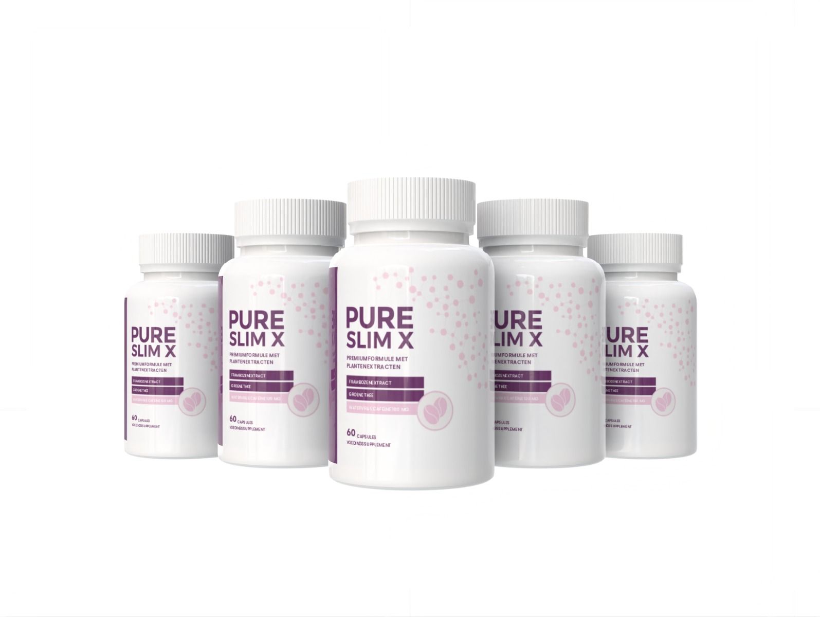 Fünf weiße Flaschen mit lila Etiketten. Aufschrift: Pure Slim X. 60 Kapseln. Nahrungsergänzungsmittel. Anordnung: nebeneinander.