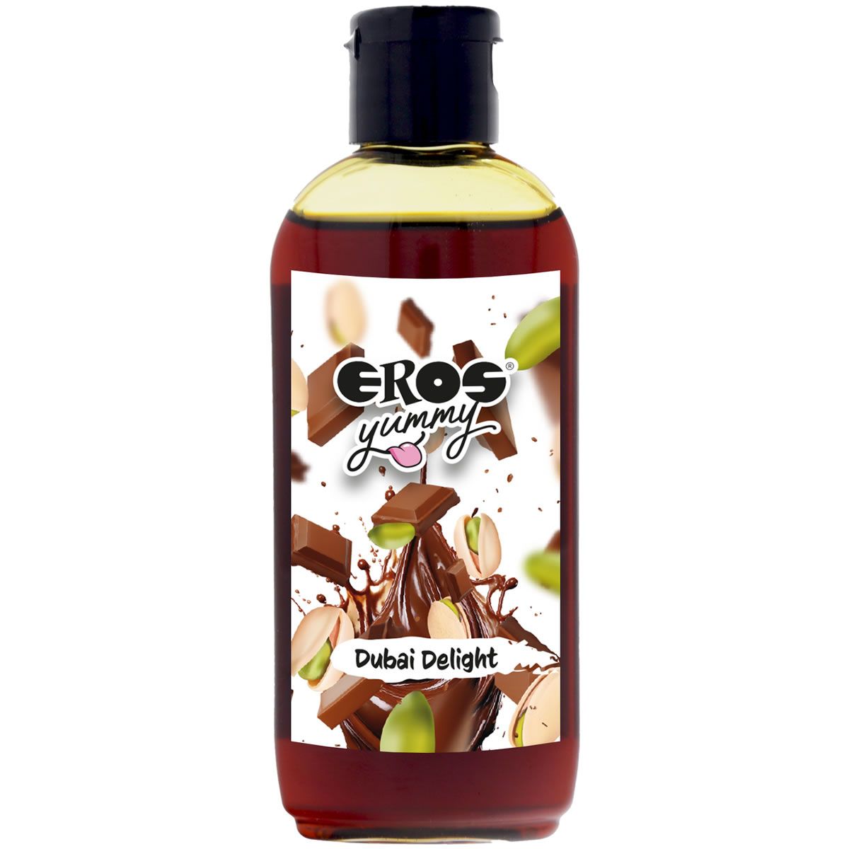 Flüssigkeit in einer Flasche mit schwarzem Deckel. Aufkleber mit Produktnamen, Schokoladen- und Pistazien-Illustrationen.