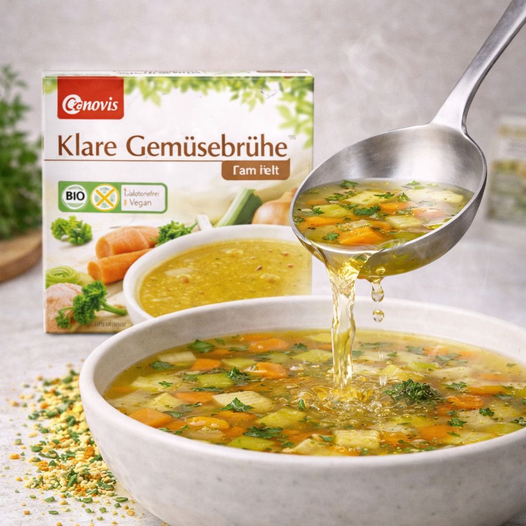 Cenovis Klare Gemüsebrühe wird aus einer Schöpfkelle in eine Schüssel gegossen.