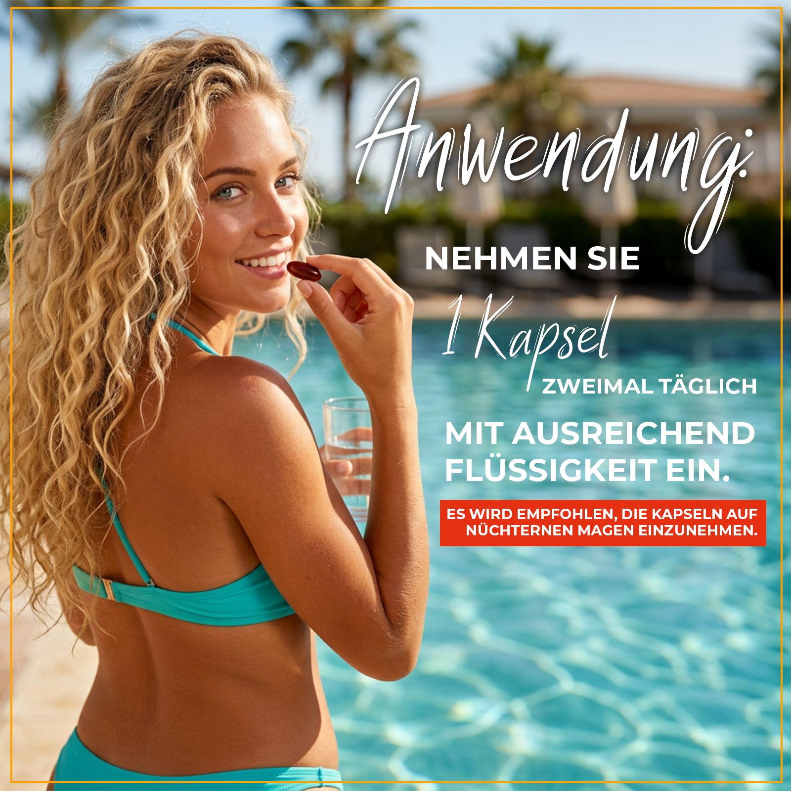 Frau nimmt Enolenia Bräunungskapsel mit Wasser ein.
