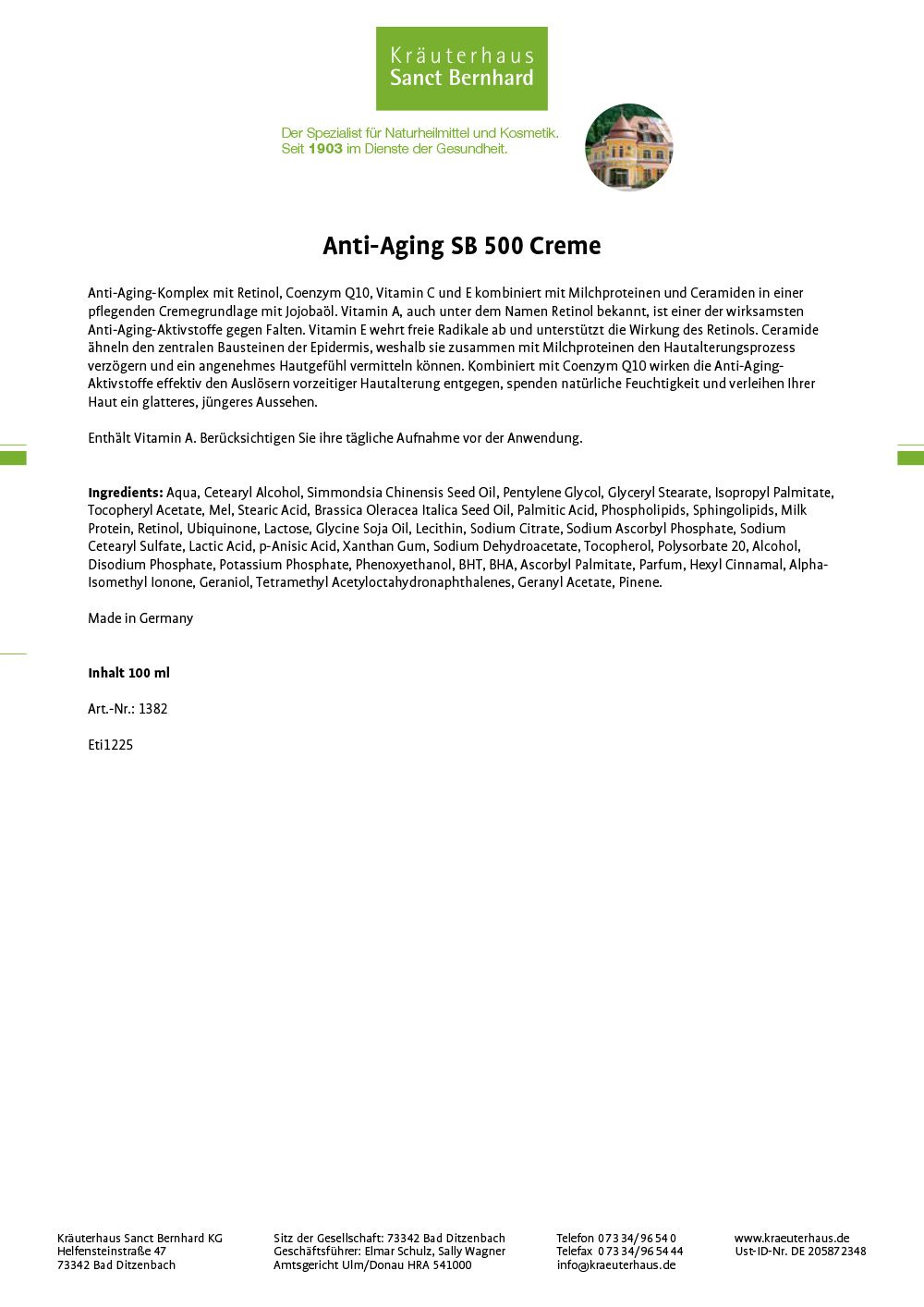 Weißes Papier mit Text. Produktname: Anti-Aging SB 500 Creme. Marke: Kräuterhaus Sanct Bernhard. Enthält Inhaltsstoffe und Herstellerinformationen.