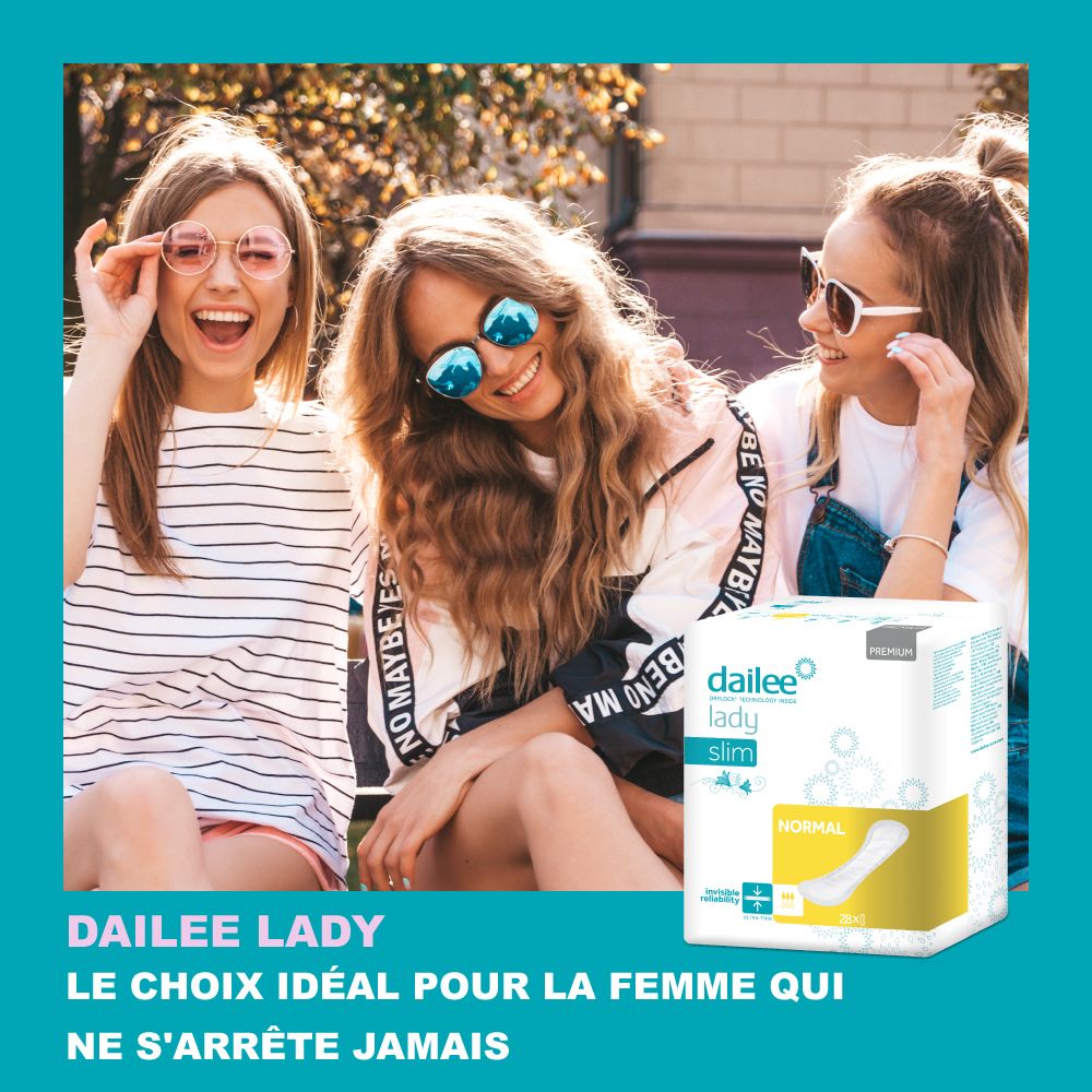 Trois femmes avec des lunettes de soleil. En arrière-plan, un paquet de Dailee Lady Slim Normal. Texte: Dailee Lady, le choix idéal.