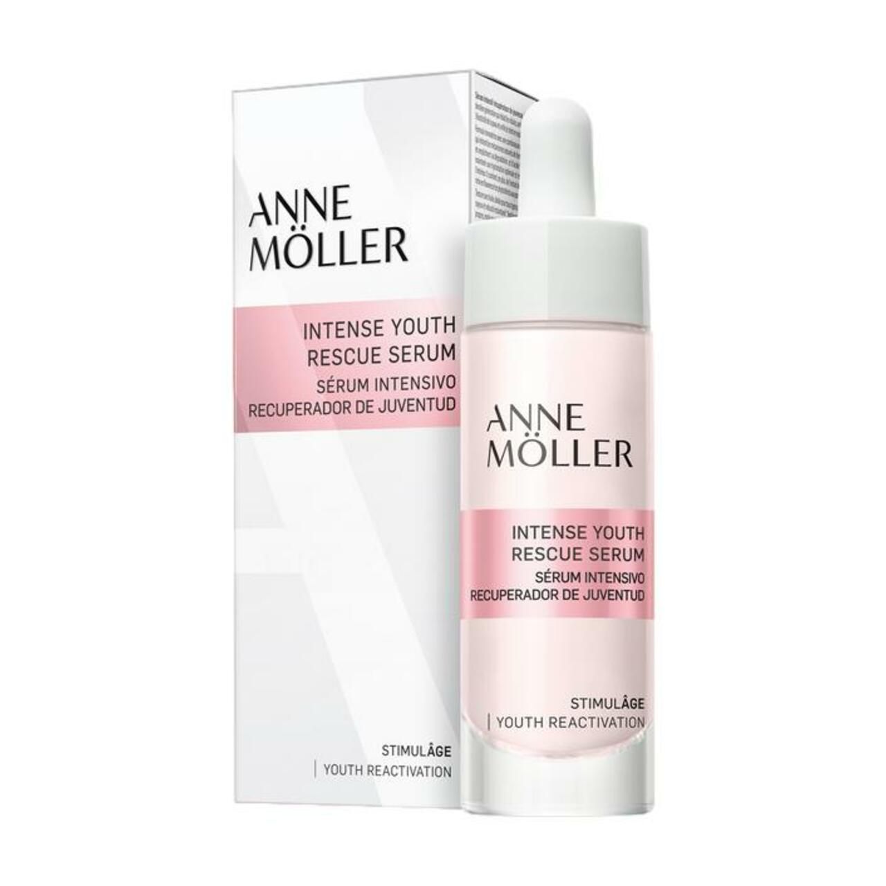 Serumflasche und Verpackung. Rosa Etikett mit Schriftzug: Intense Youth Rescue Serum. Marke: Anne Möller. Glasflasche und Karton.