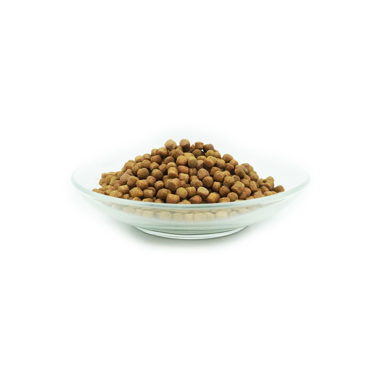 Haufen brauner, runder Pellets in einer Glasschale. Auf weißem Hintergrund.