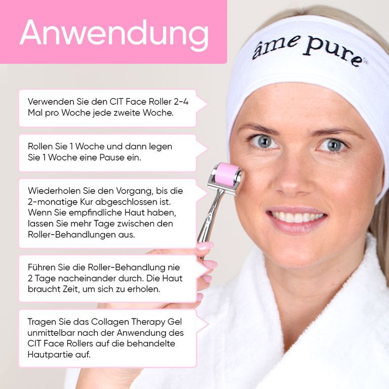 Anwendungshinweise für CIT Face Roller mit Frau, die ihn benutzt.