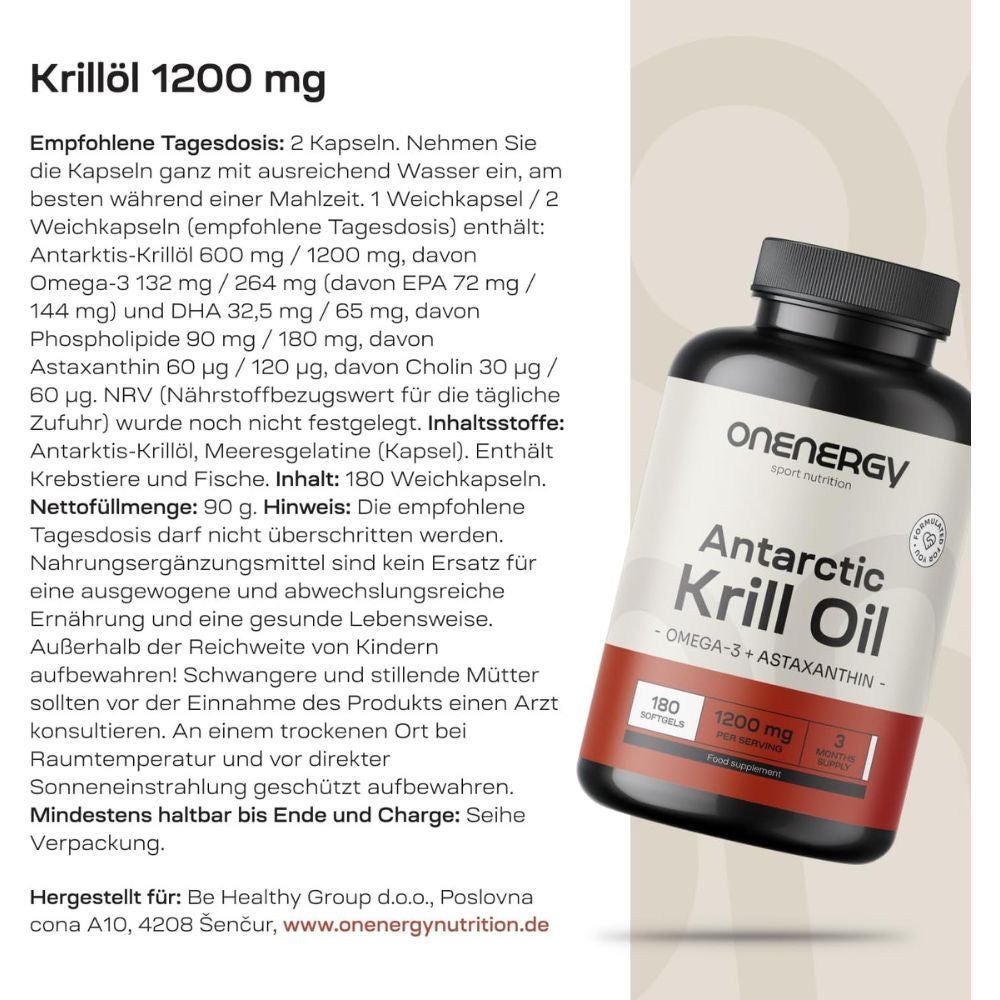 Flasche Antarctic Krill Oil. Text: 180 Softgels, 1200 mg. Text: Omega-3, Astaxanthin. Inhaltsstoffe.