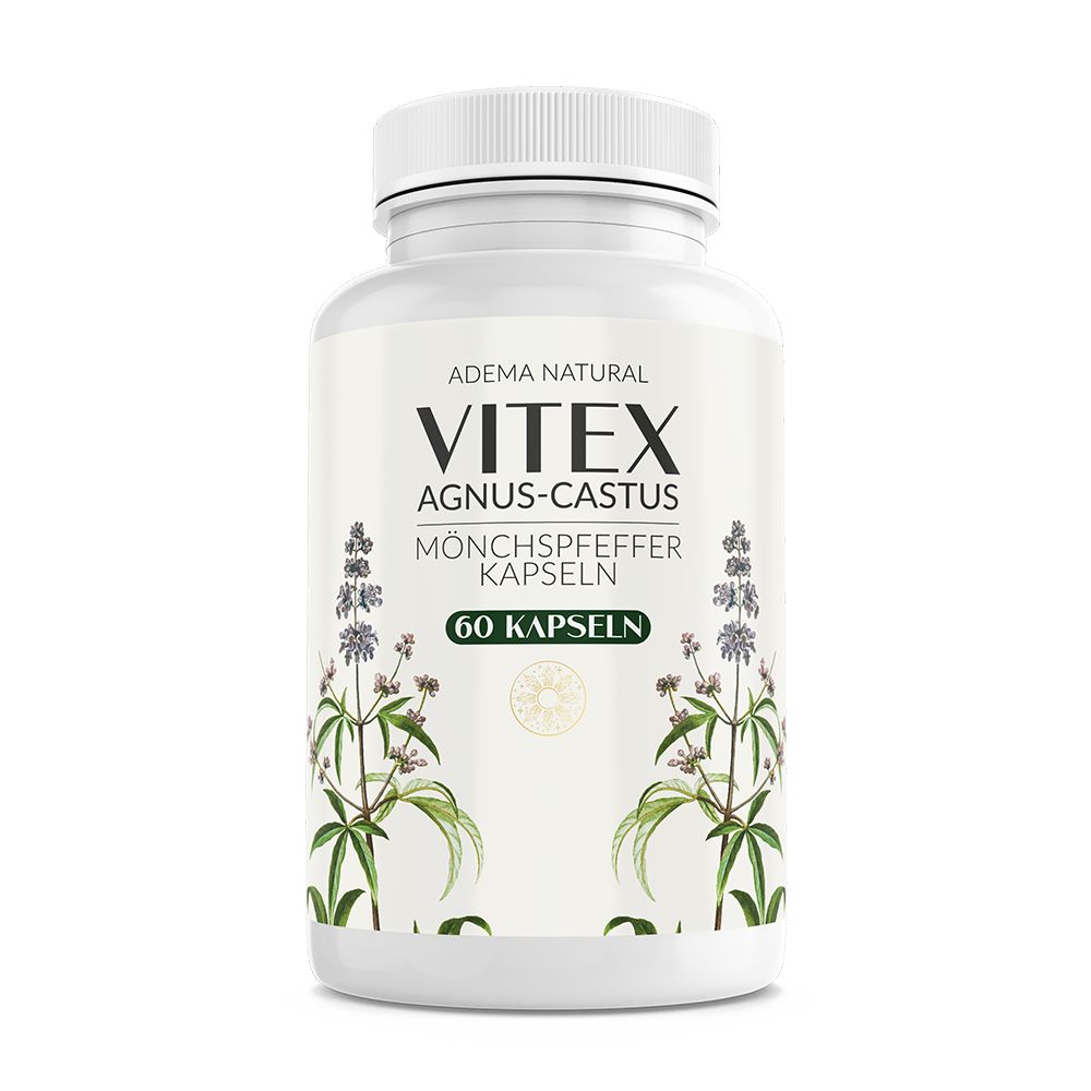 Weiße Flasche mit Schraubverschluss. Aufschrift: Adema Natural, Vitex Agnus-Castus, Mönchspfeffer Kapseln, 60 Kapseln. Illustrationen.