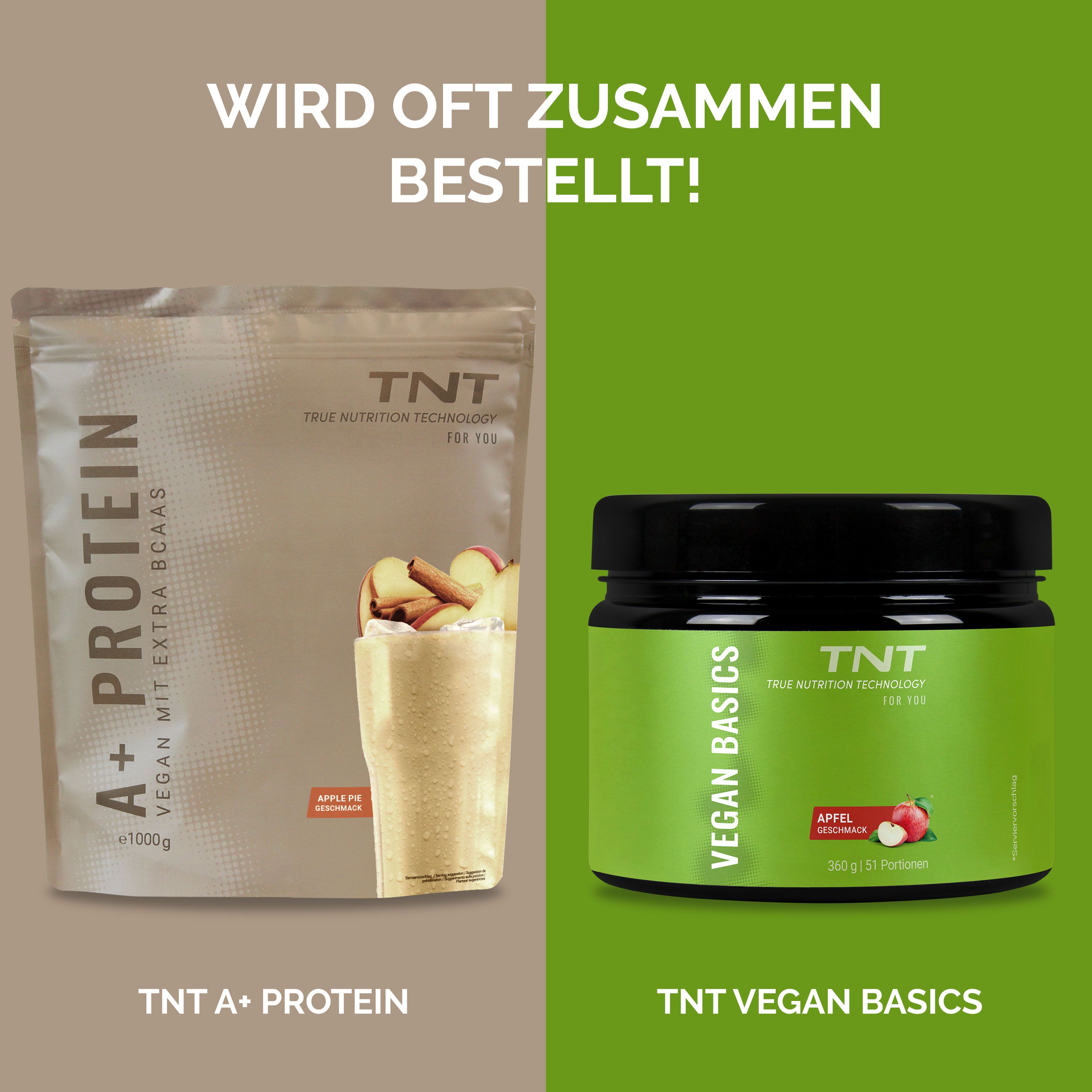 Vergleich von TNT A+ Protein Beutel und TNT Vegan Basics Dose.