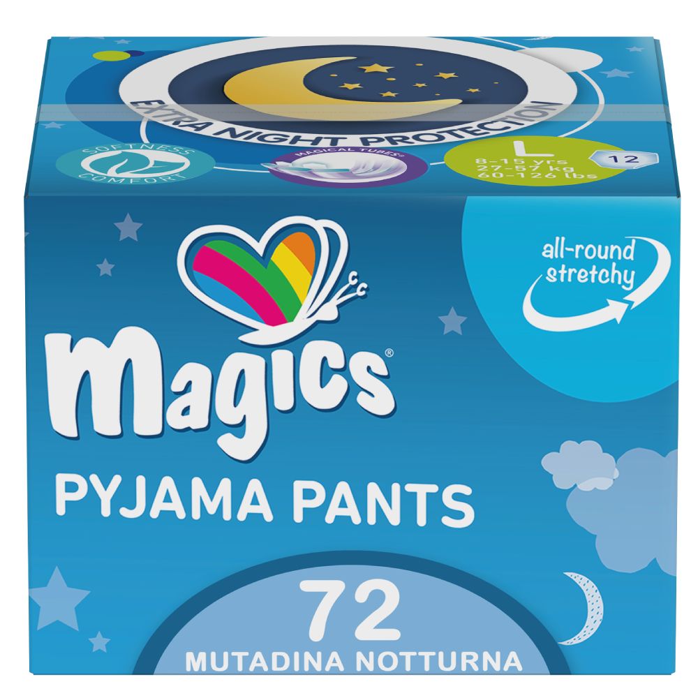 Blauwe Kartonverpackung mit Magics Pyjama Pants. Aufschrift: 72 Mutadina Notturna. Größe L, 27-57 kg. Extra Nachtschutz.