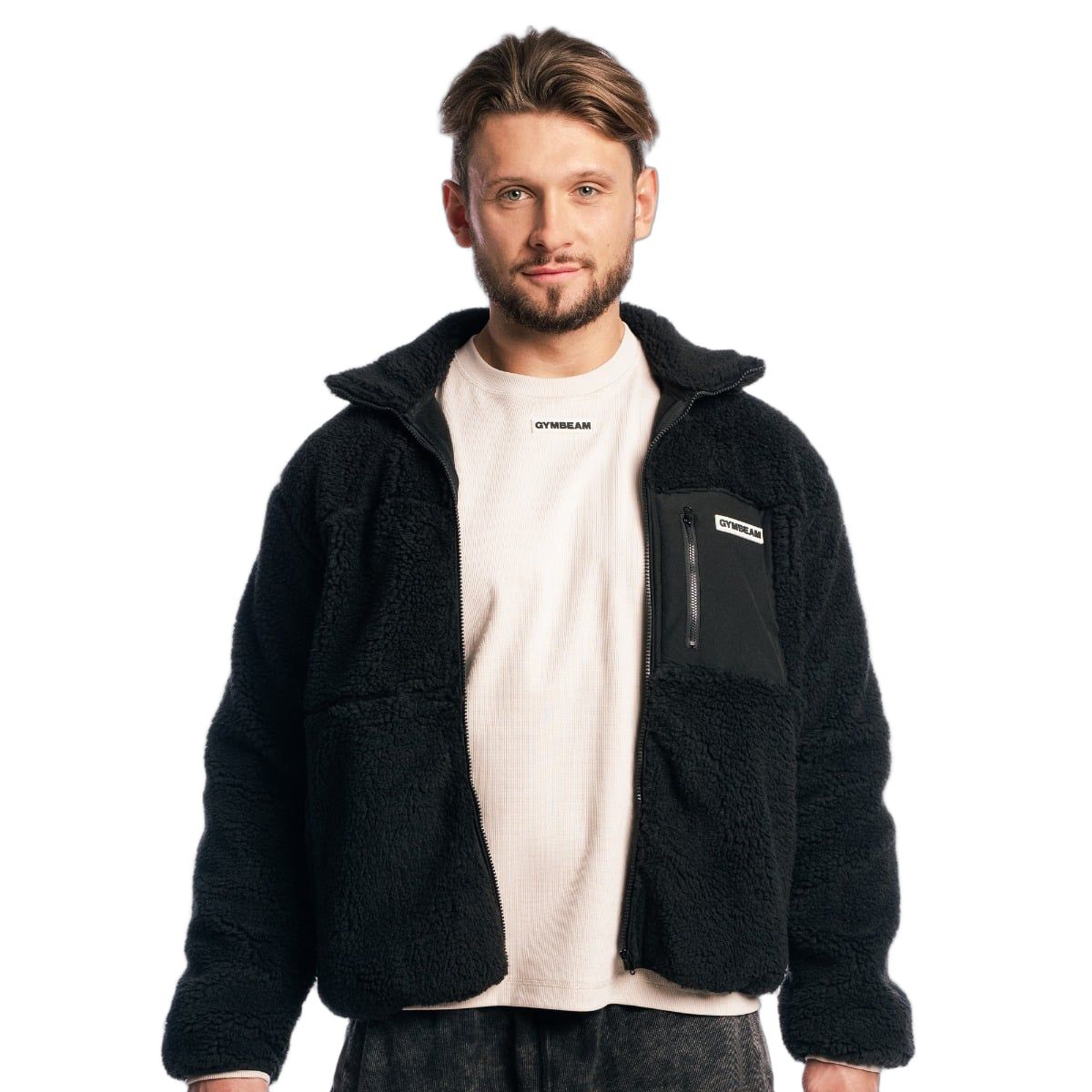 GymBeam Jacke Herren Sherpa oversized aus Polyester mit Reißverschluss Schwarz 1 St