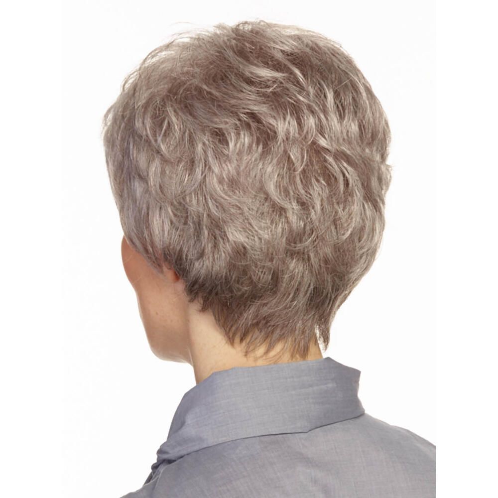 Kurzhaarperücke, graues Haar. Rückansicht einer Frau mit grauem Oberteil.