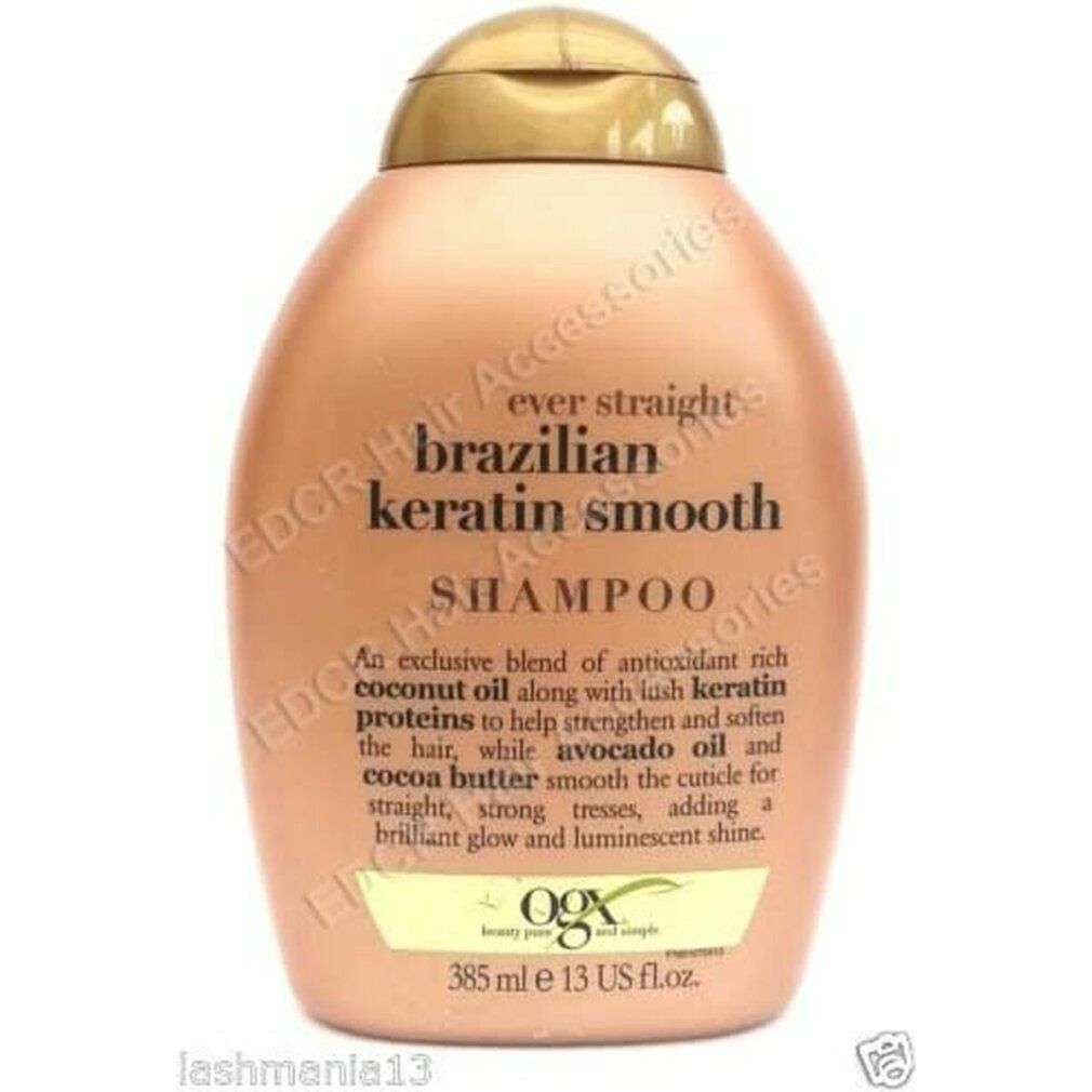Beige Shampoo-Flasche mit goldfarbenem Deckel. Aufschrift: Brazilian Keratin Smooth Shampoo. Enthält Kokosöl, Keratinproteine, Avocadoöl.