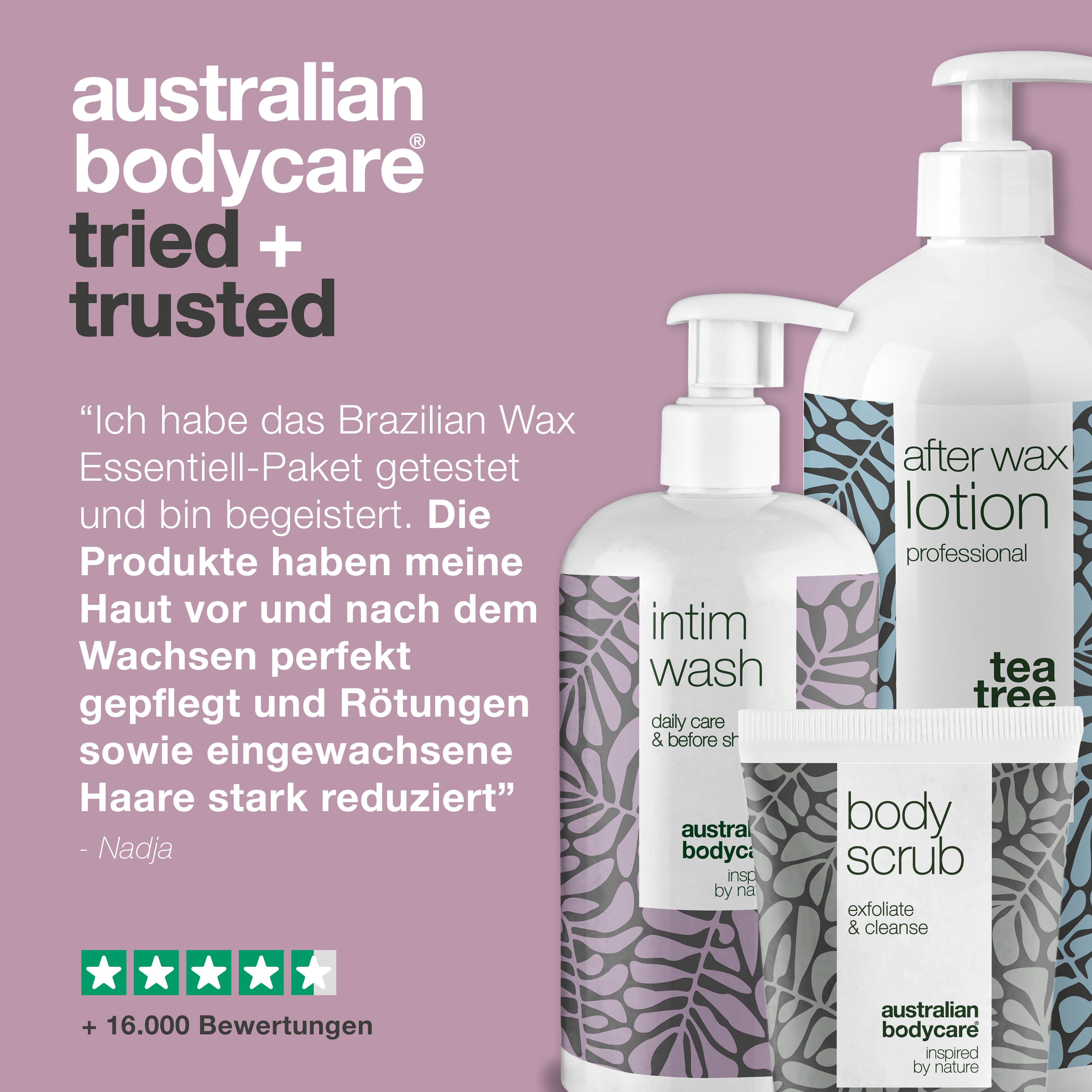 Drei Produkte: Intim Wash, After Wax Lotion, Body Scrub. Text: Australian Bodycare. Text in Deutsch.