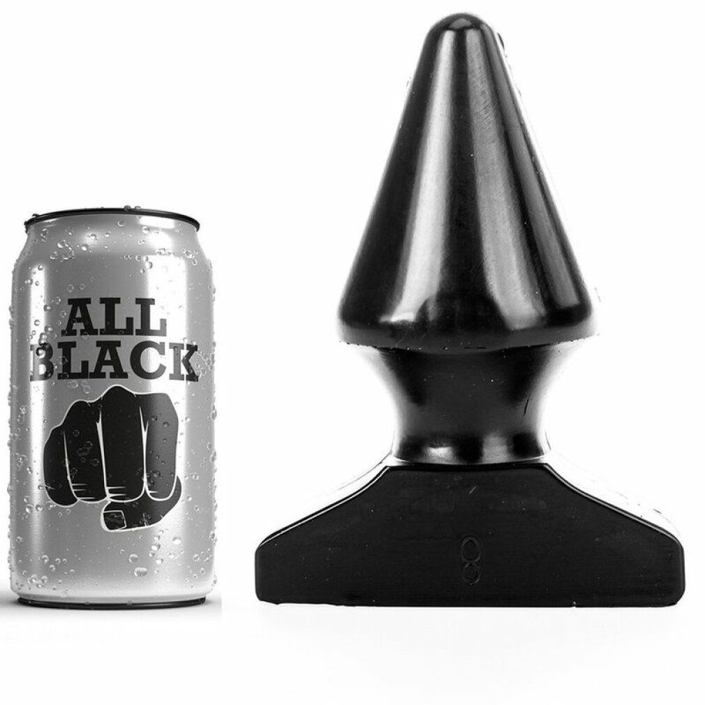 Schwarzer Analplug neben einer Dose. Die Dose trägt den Schriftzug "ALL BLACK" und ein Faust-Logo. Der Plug hat eine konische Spitze.