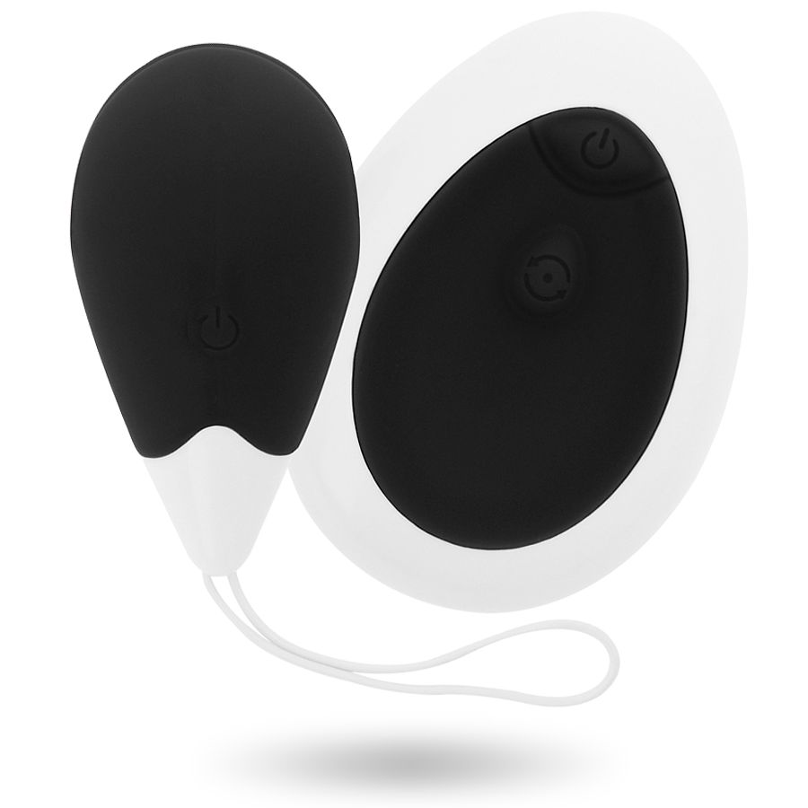 Zwei schwarze, eiförmige Vibratoren mit weißer Basis und Schnur. Auf der Oberfläche sind Knöpfe sichtbar.