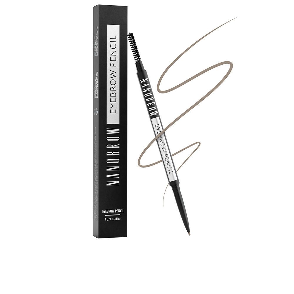 Schwarze Verpackung mit weißem Streifen und Text. Augenbrauenstift mit Bürste und Strich. Aufschrift: NANOBROW EYEBROW PENCIL.