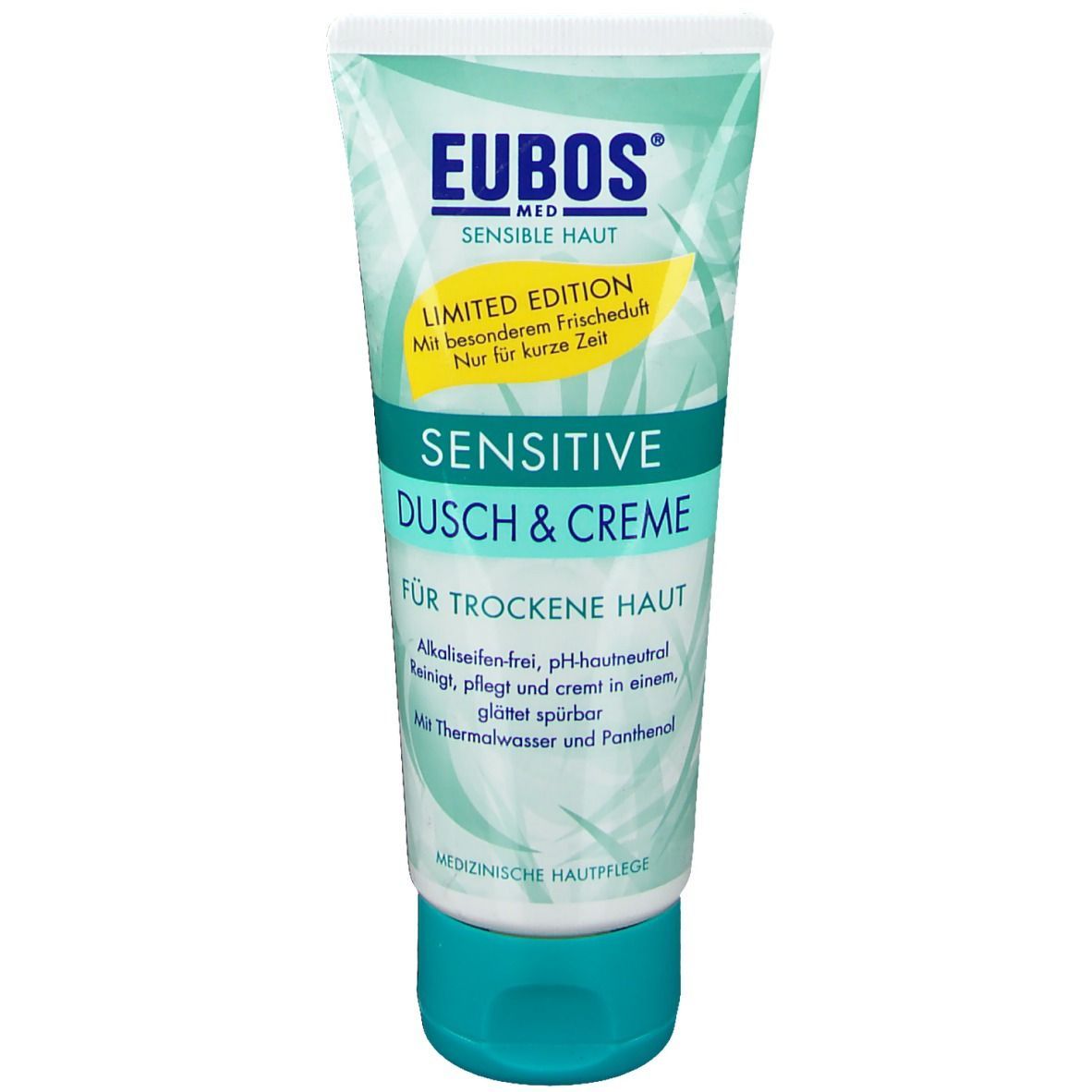 Tube EUBOS Sensitive Dusch & Creme. Aufschrift: Sensitive, Dusch & Creme, für trockene Haut. Limited Edition.