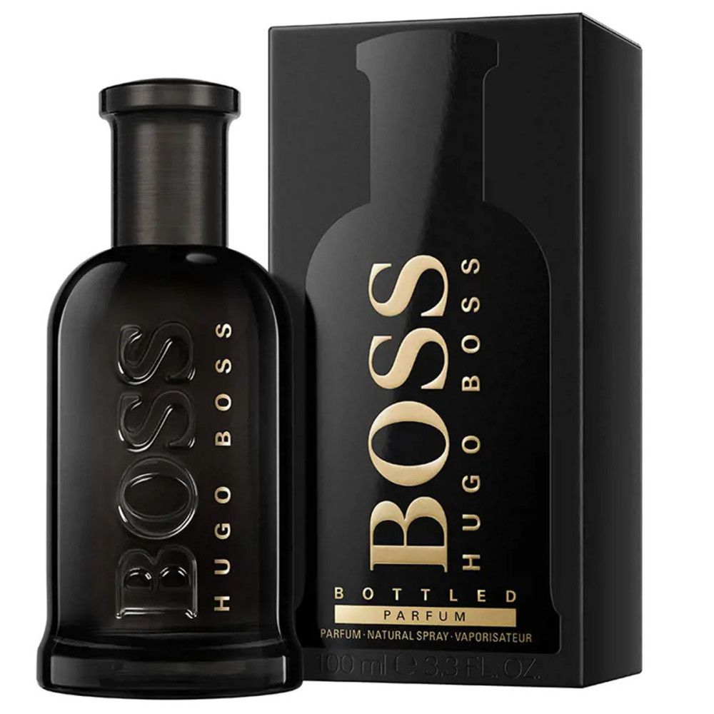 Schwarzer Flakon mit goldfarbenem Schriftzug BOSS HUGO BOSS. Schwarze Verpackung mit Produktabbildung und Schriftzug.