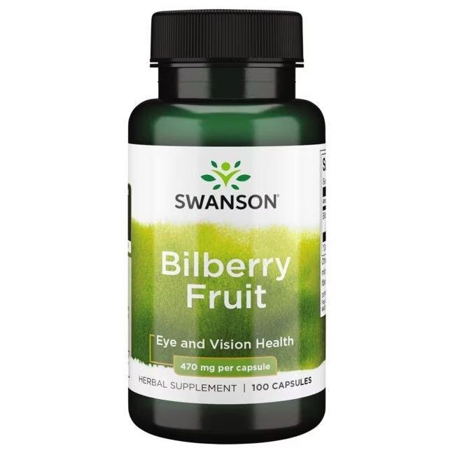 Grüne Flasche mit schwarzem Deckel. Aufschrift: SWANSON Bilberry Fruit, 470 mg pro Kapsel, 100 Kapseln.