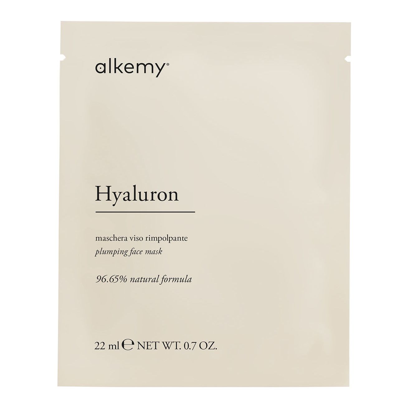 Vorderseite einer Alkemy Hyaluron Gesichtsmasken-Verpackung mit Produktbezeichnung und Volumen.