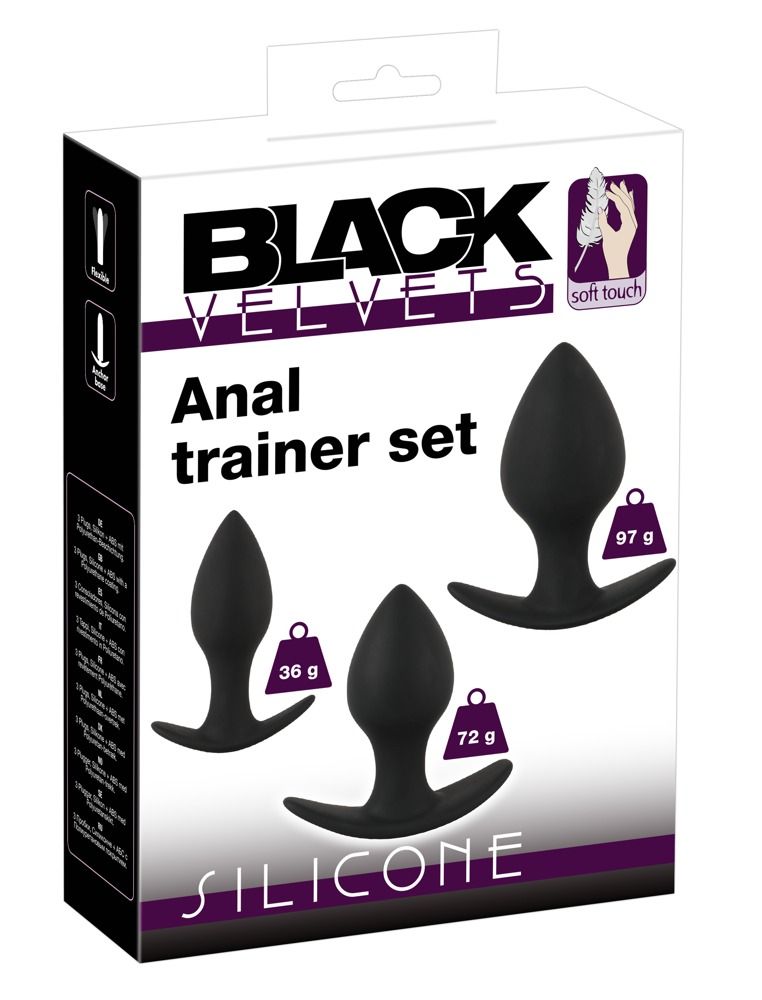 Verpackung mit drei schwarzen Analplugs. Produktname: Black Velvets. Anal Trainer Set.