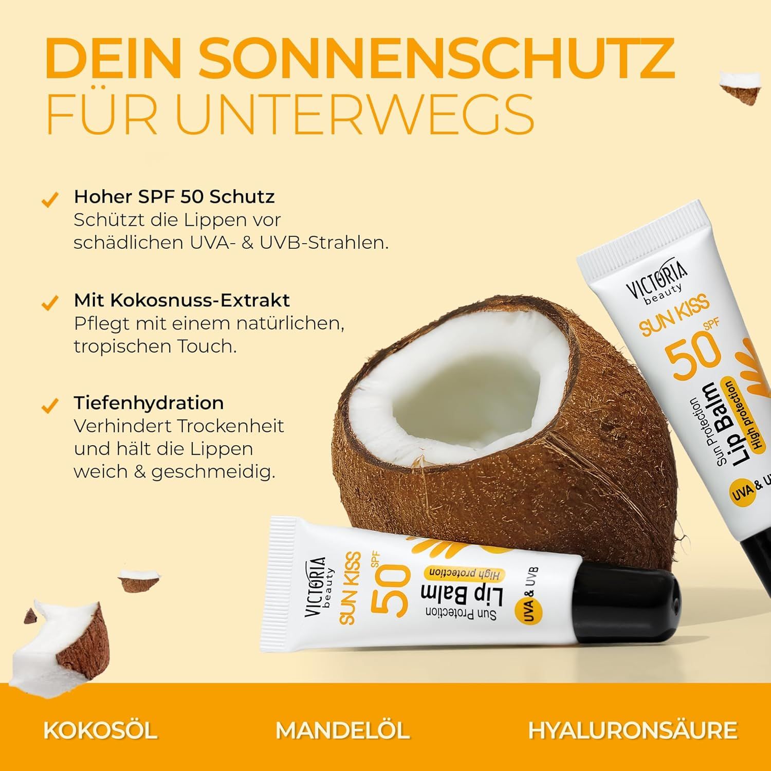 Victoria Beauty Lippenbalsam, Sonnenschutz LSF 50. Zwei Tuben und Kokosnuss. Text: Hoher SPF 50 Schutz, Kokosnuss-Extrakt, Tiefenhydratation.