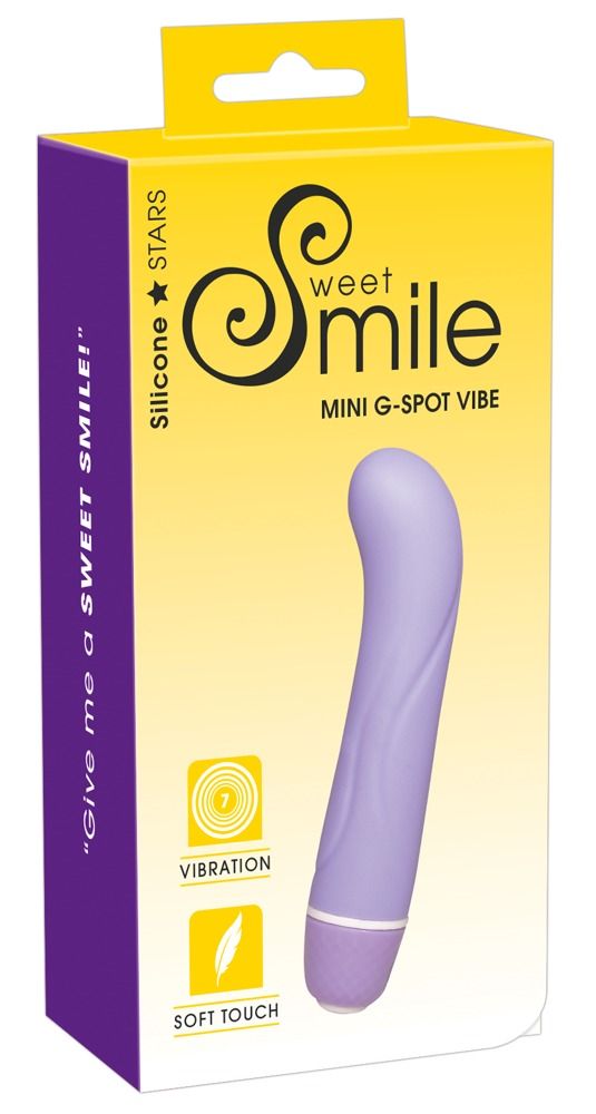 Verpackung für einen lila Vibrator. Aufschrift: Sweet Smile, Mini G-Spot Vibe. Symbole für Vibration und Soft Touch.