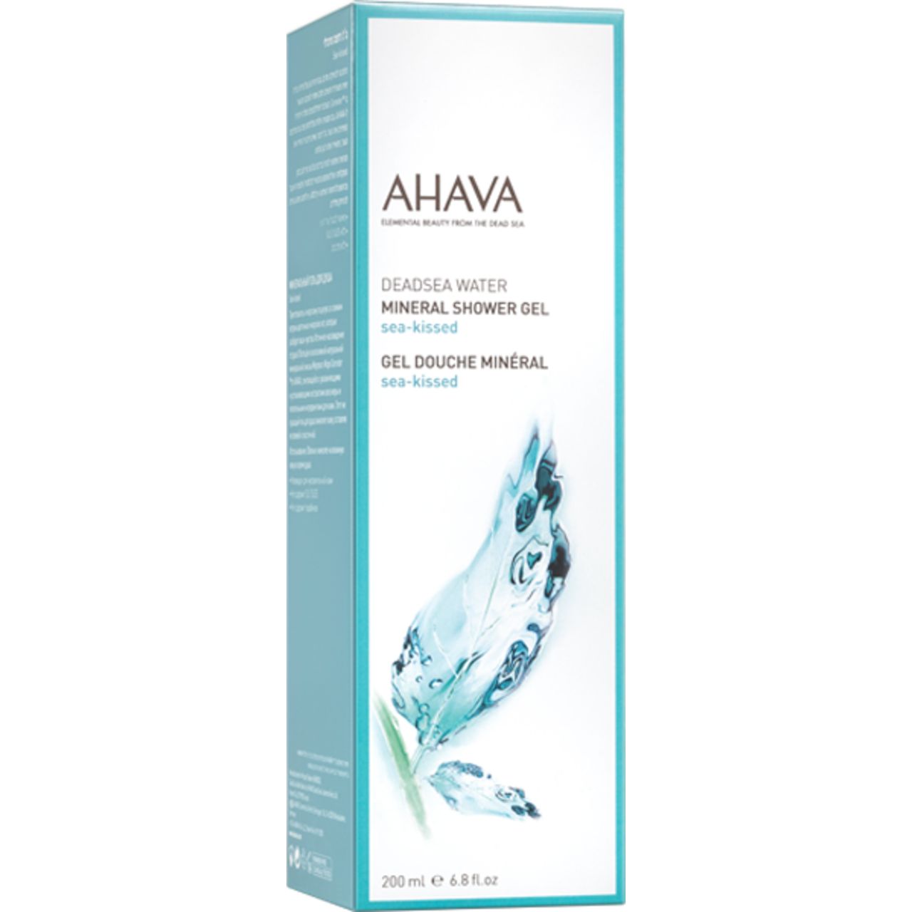 Rechteckige Schachtel. Aufschrift: AHAVA, Deadsea Water Mineral Shower Gel, sea-kissed. Abbildung: Wasser und Pflanze.