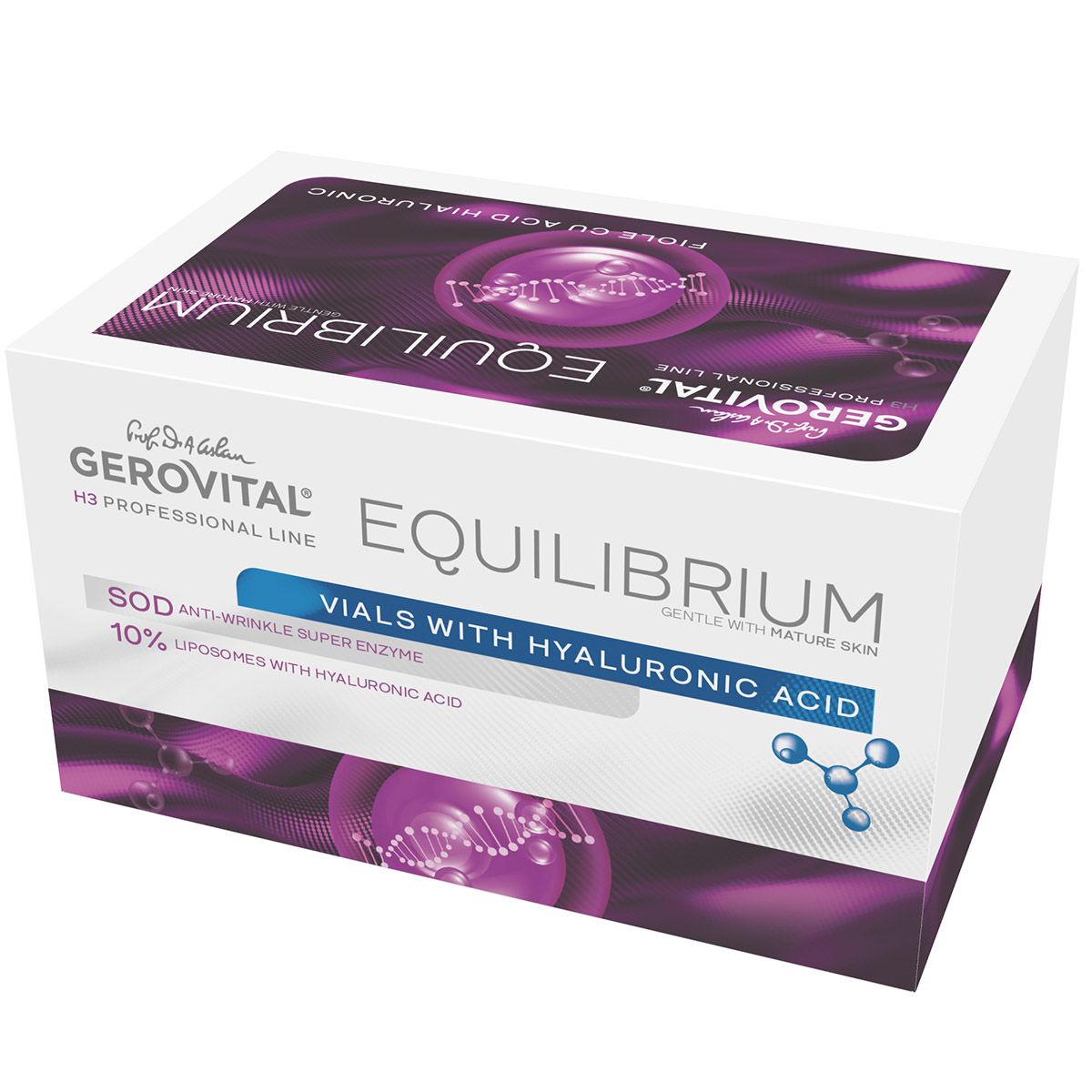Produktverpackung. Aufschrift: Gerovital Equilibrium, Vials with Hyaluronic Acid, 10% Liposomi.