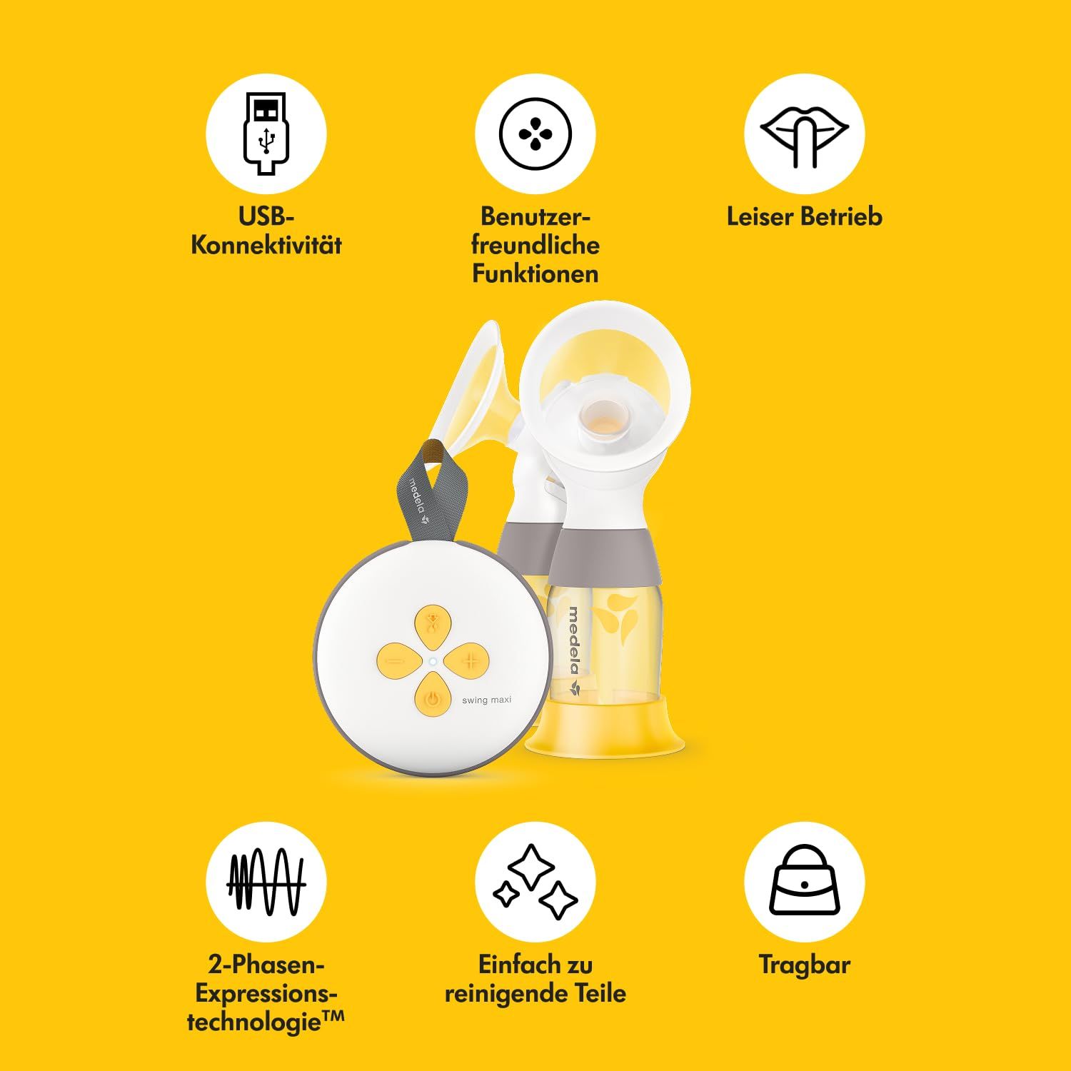 Elektrische Milchpumpe mit gelb-weißem Design. Symbole für USB-Konnektivität, benutzerfreundliche Funktionen, leisen Betrieb, tragbar.