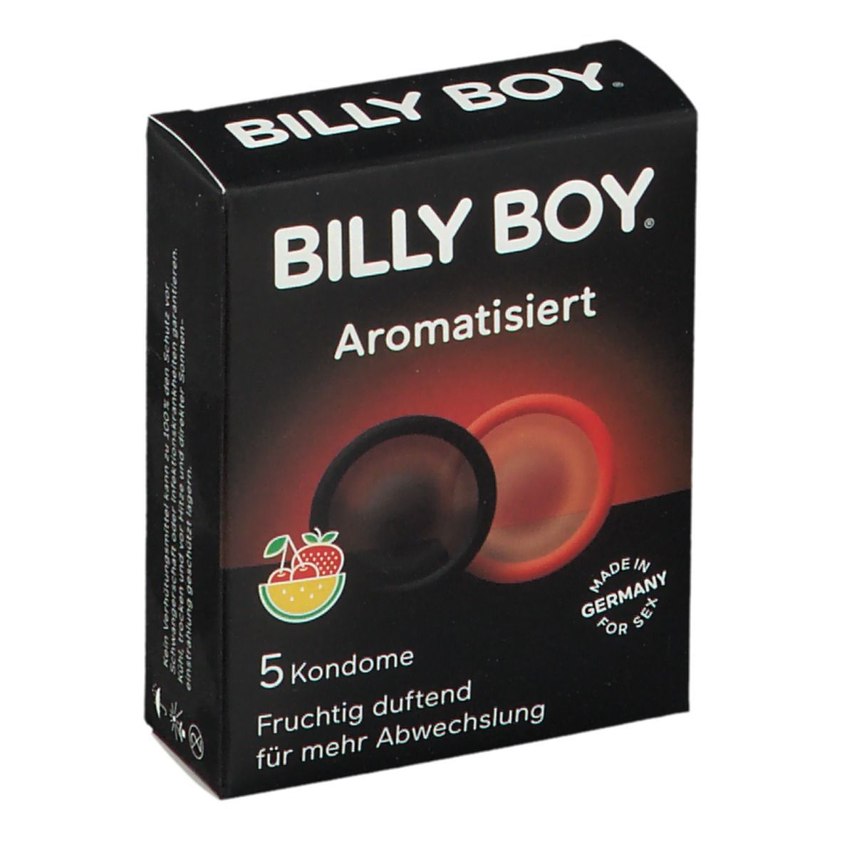 Schwarze Schachtel mit Kondomen. Aufschrift: BILLY BOY, Aromatisiert, 5 Kondome. Abbildung von Kondomen.