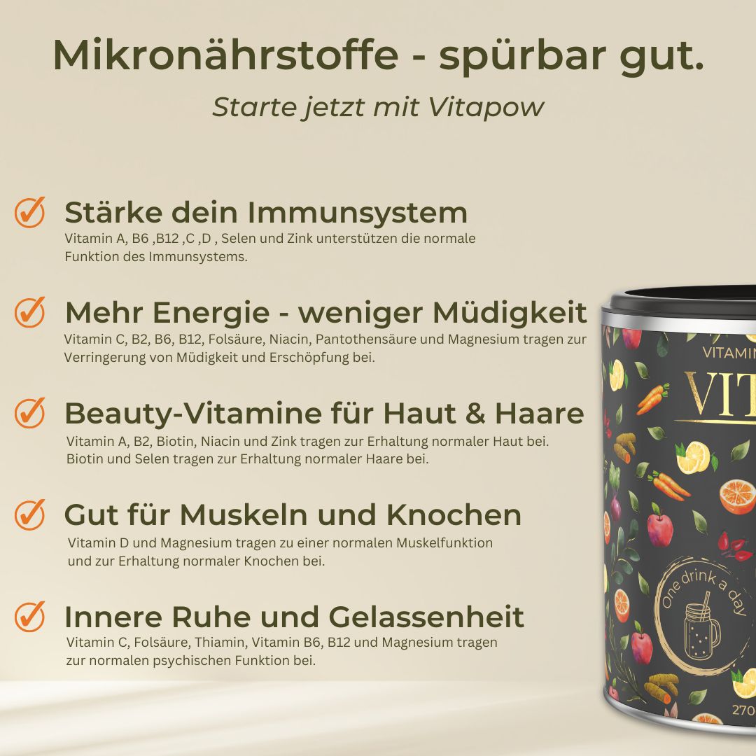 Dose Vitapow Multivitamin Pulver. Text: Stärke dein Immunsystem, Mehr Energie, Beauty-Vitamine, Gut für Muskeln & Knochen, Innere Ruhe.