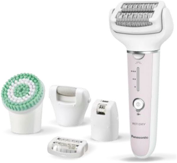Epilierer mit Zubehör. Weiß-rosa Gerät mit mehreren Aufsätzen: Bürste, Rasierer, Epilierer, Trimmer.