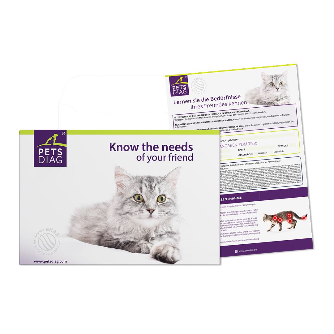 Produktverpackung mit Logo PETS DIAG und Text "Know the needs of your friend". Abgebildet ist eine Katze.