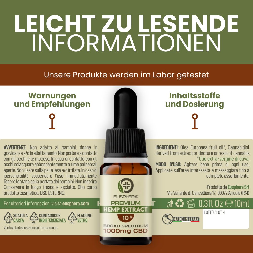 CBD-Öl - Hanfextraktöl 10% – Hochdosiertes Vollspektrum Premium | Hemp Extract - Eusphera