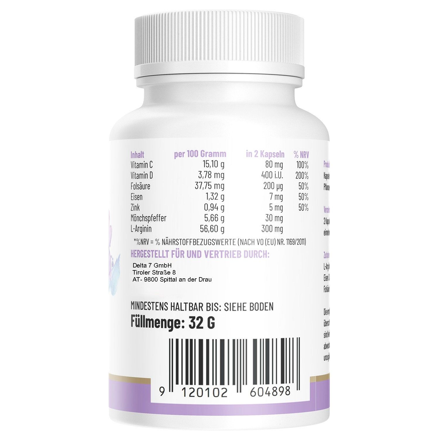 Rückseite der Flasche mit Nährwertangaben pro 100g und pro 2 Kapseln. Mindesthaltbarkeitsdatum und Füllmenge.