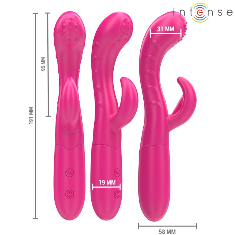 Pinkfarbener Vibrator mit stimulierender Zunge. Maße: 191 mm lang, 95 mm hoch, 58 mm breit. Mit Maßen beschriftet.