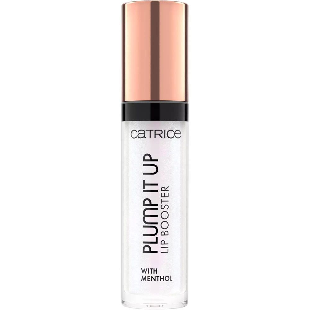Klarer Lipgloss mit Applikator. Aufschrift: Catrice, Plump It Up Lip Booster, With Menthol. Flasche und Deckel.
