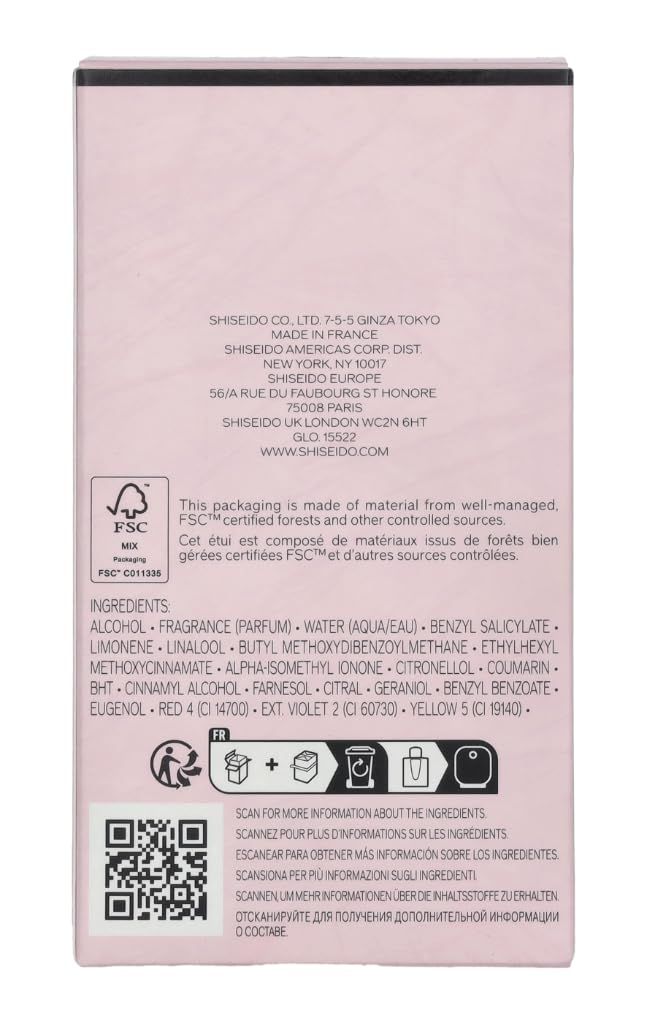 Rückseite der Verpackung. Text mit Inhaltsstoffen, Adresse und FSC-Zertifizierung. QR-Code.