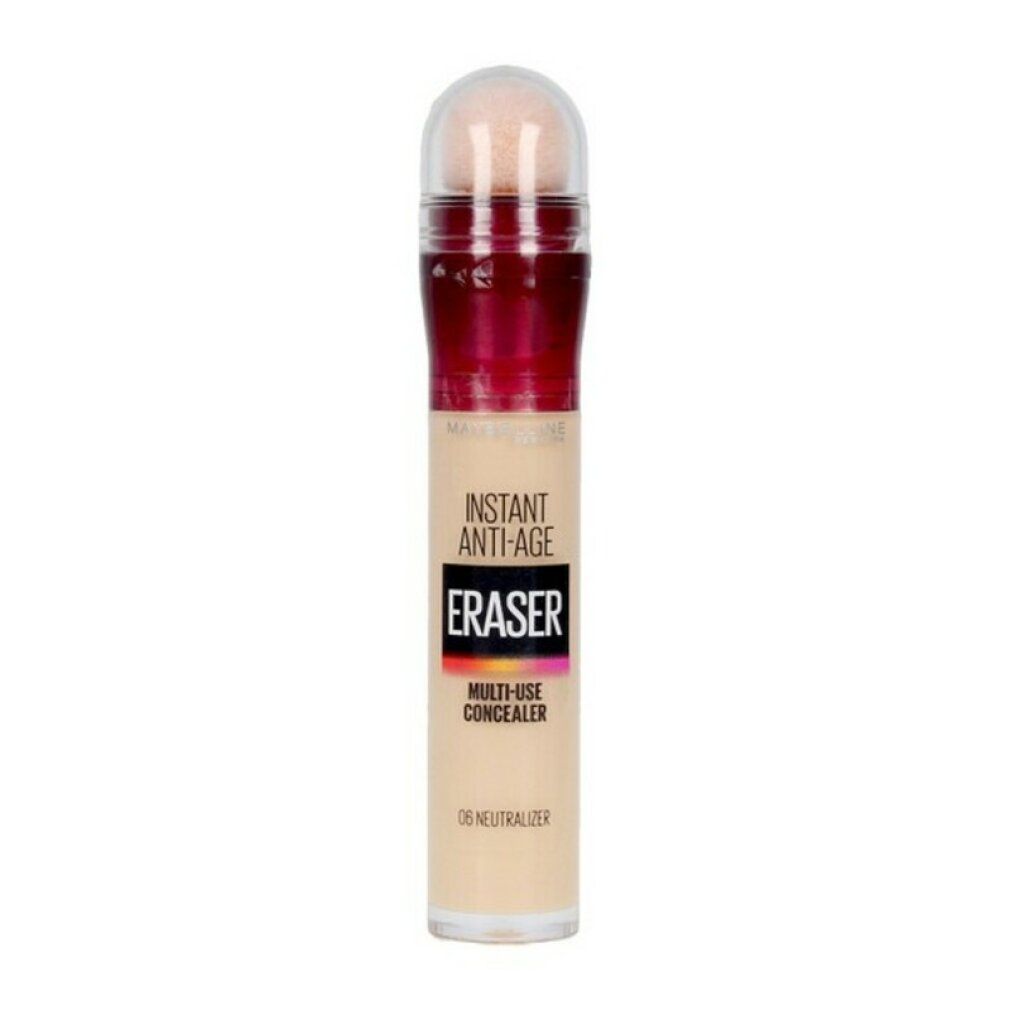 Maybelline New York Eraser Concealer. Beige Tube mit Schwamm-Applikator. Text: Instant Anti-Age, Eraser, Multi-Use Concealer, 06 Neutralizer.