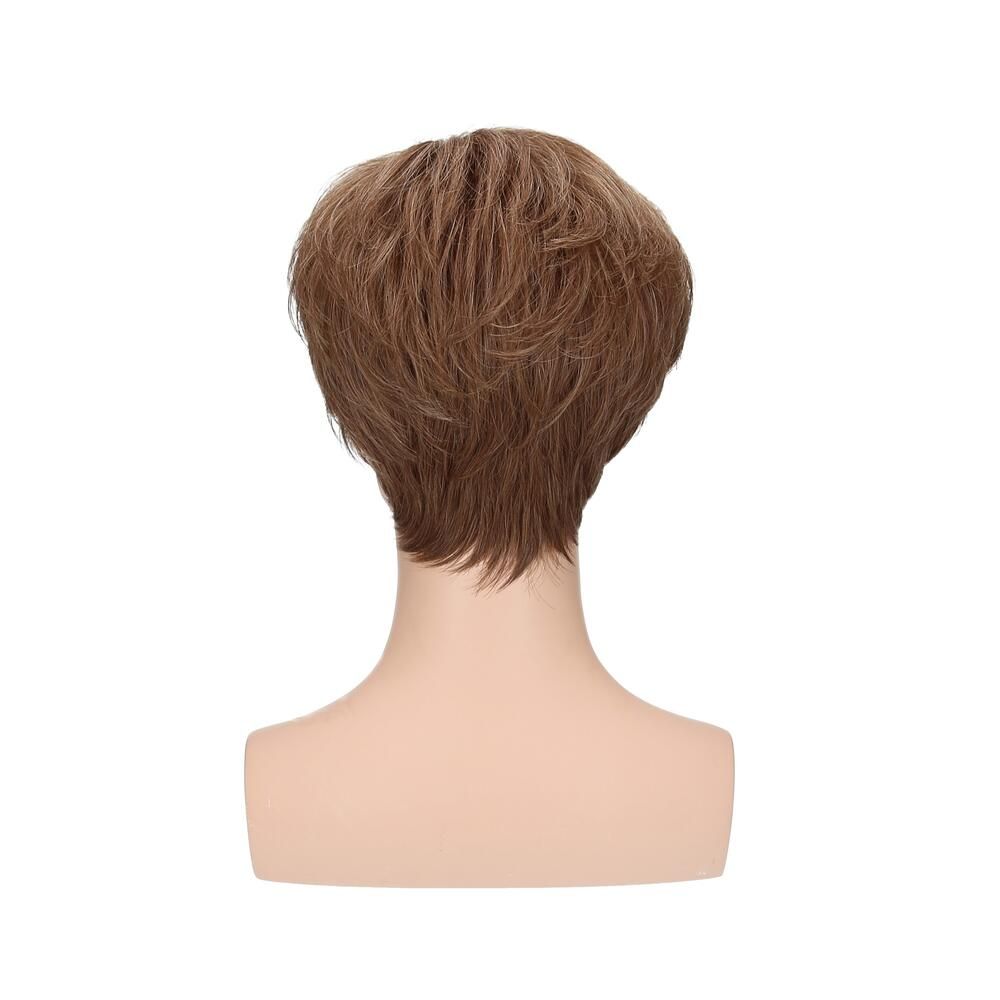 Perücke Magnolie von Lofty. Kurze, braune Kunsthaarperücke auf einem Schaufensterkopf. Rückansicht.