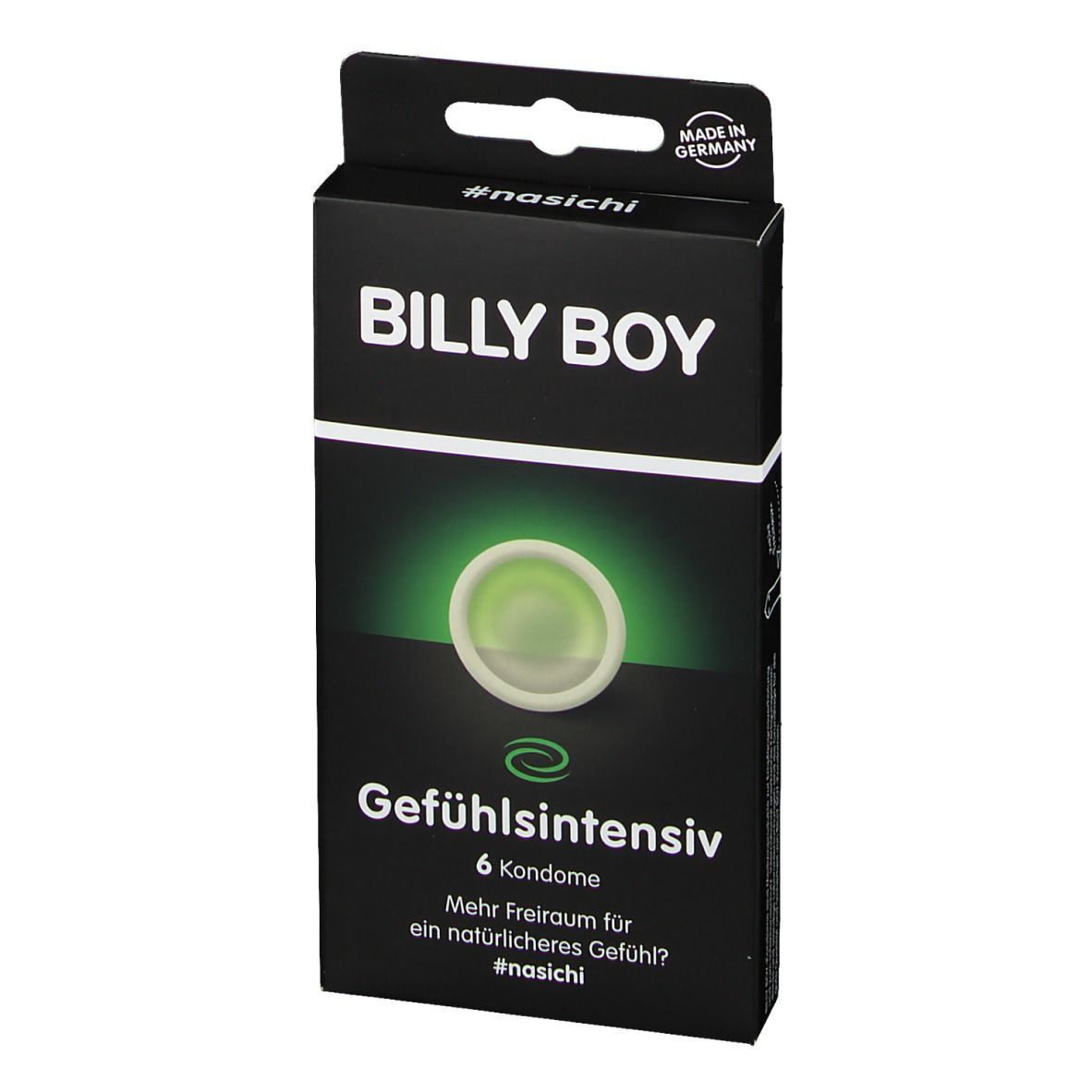 Schwarze Verpackung BILLY BOY. 6 Kondome Gefühlsintensiv. Made in Germany. Kondom-Illustration.