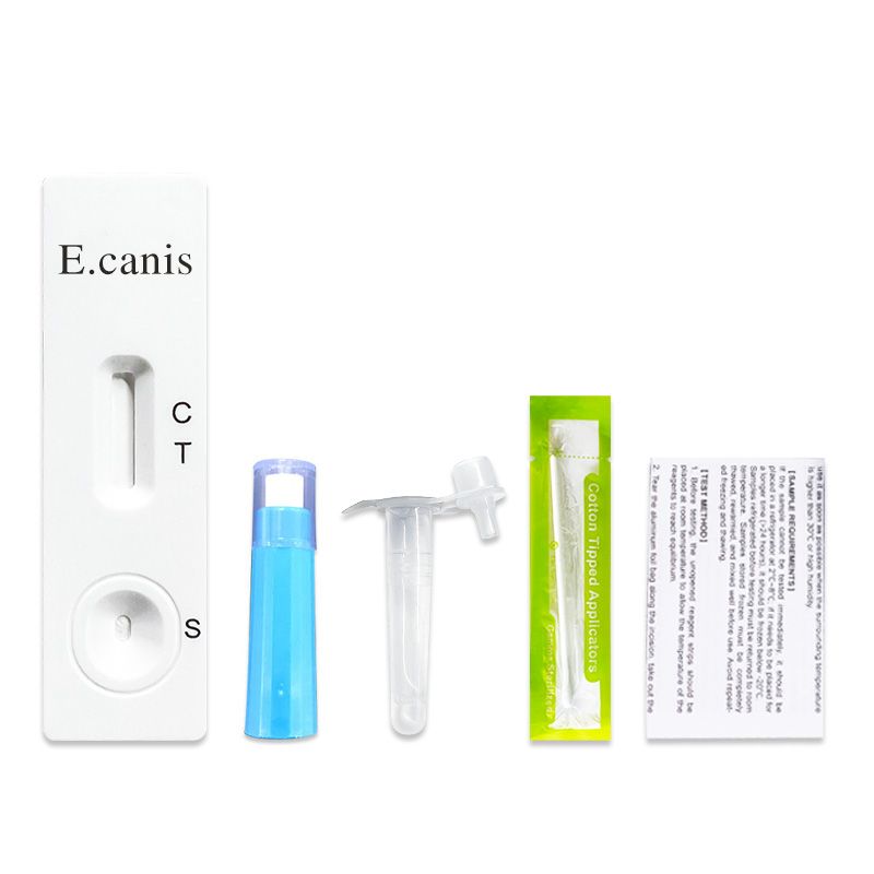 Teststreifen mit Zubehör. Enthält Testkarte, blaue Kappe, Trichter, Tupfer und Beipackzettel.